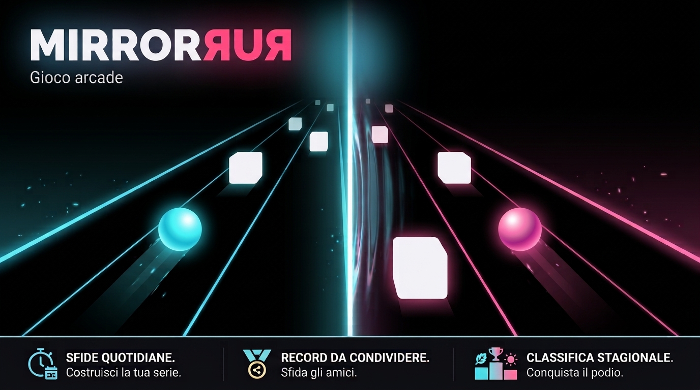 Copertina di MirrorRun: la pista si divide a metà, una sfera azzurra corre fra i blocchi sul lato blu e la stessa scena ribaltata in rosa sull'altro lato, sotto al titolo «MIRROR RUN» con RUN specchiato. In basso: sfide quotidiane, record da condividere, classifica stagionale.