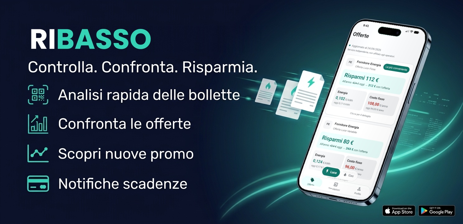 Copertina di Ribasso: il nome dell'app accanto a uno smartphone che mostra le voci «LUCE GEN € 120,50» e «GAS FEB € 95,00» con il risparmio stimato, e l'elenco delle funzioni — analisi delle bollette, confronto offerte, nuove promo e notifiche scadenze.